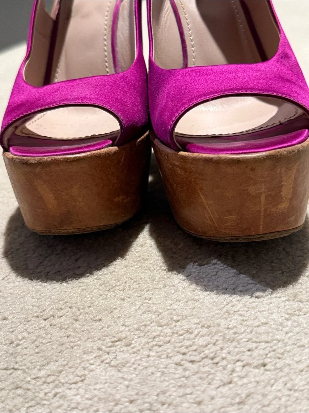 Baldan Bright Pink Satin Wedge Slingback Sandals